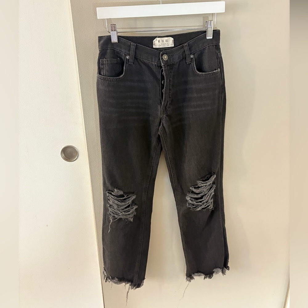 Free People Black Distressed Straight Leg Jeans